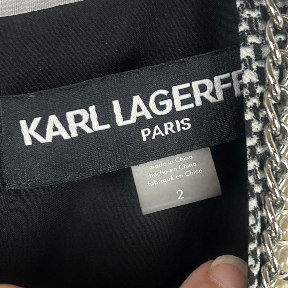 Karl Lagerfeld Paris Womens Black White Pearl Chain Tweed Print Shift Dress 2 - Picture 11 of 11